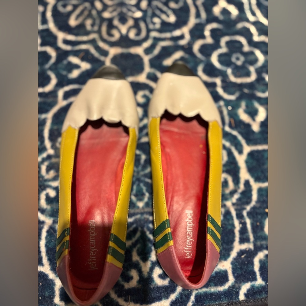 Jeffrey Campbell Yellow and Red Flats with Green Stripes